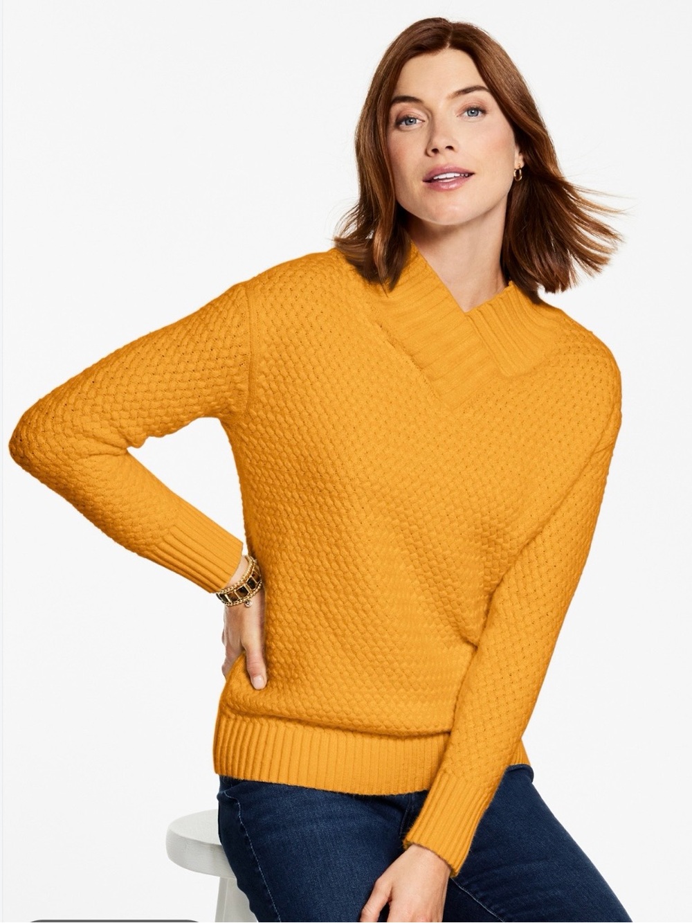 Talbots Textured V-Neck Pullover in Gold Maize / New w/Tags / Size Petite M